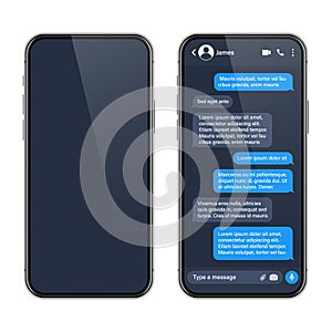 Realistic smartphone with messaging app. SMS text frame. Conversation chat screen with blue message bubbles and