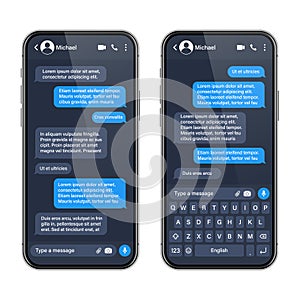 Realistic smartphone with messaging app. SMS text frame. Conversation chat screen with blue message bubbles and