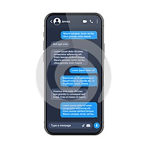 Realistic smartphone with messaging app. SMS text frame. Conversation chat screen with blue message bubbles and