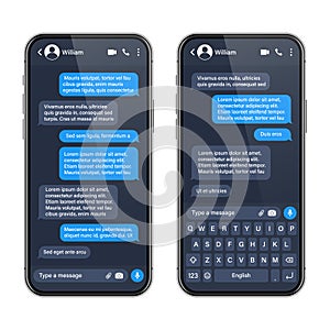 Realistic smartphone with messaging app. SMS text frame. Conversation chat screen with blue message bubbles and