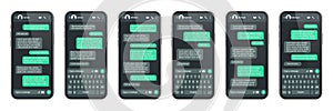 Realistic smartphone with messaging app. SMS text frame. Conversation chat screen with green message bubbles and