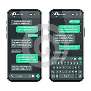 Realistic smartphone with messaging app. SMS text frame. Conversation chat screen with green message bubbles and