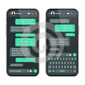 Realistic smartphone with messaging app. SMS text frame. Conversation chat screen with green message bubbles and