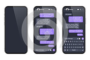 Realistic smartphone with messaging app. SMS text frame. Conversation chat screen with violet message bubbles and