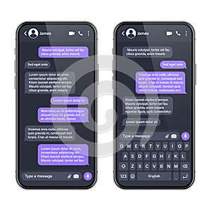 Realistic smartphone with messaging app. SMS text frame. Conversation chat screen with violet message bubbles and