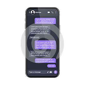 Realistic smartphone with messaging app. SMS text frame. Conversation chat screen with violet message bubbles and