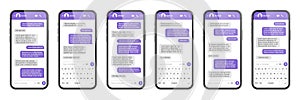 Realistic smartphone with messaging app. SMS text frame. Messenger chat screen with violet message bubbles and