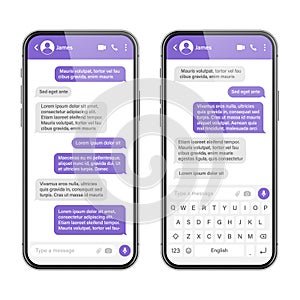 Realistic smartphone with messaging app. SMS text frame. Messenger chat screen with violet message bubbles and