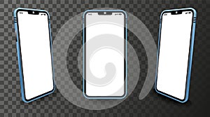 Realistic smartphone mockup. Cellphone color frame, blank display isolated template, phone different angles view. Phone blue,