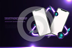 Smartphone mockup with irridescent shapes and neon sign photo