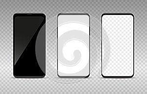 Realistic smartphone mockup set. Black white and transparent blank mobile phone template, cellphone display front view