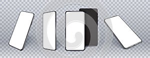 Realistic smartphone mockup, set of mobile cell device with blank screen in different angles, front and back view. Phone