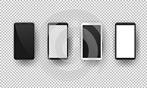 Realistic smartphone mockup set. Mobile phone with blank screen. Cell phone display front view mockup. EPS 10 vector