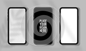 Realistic smartphone mockup set. Mobile phone blank, white, transparent screen design