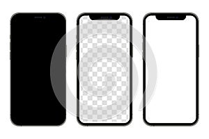 Realistic smartphone mockup set. Mobile phone blank, white, transparent screen design. Modern digital device template. Cellphone