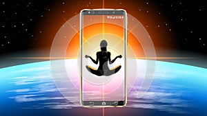 Realistic smartphone in outer space. Silhouette of a woman