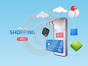 Realistic smartphone store. Ecommerce market, 3d render phone shop canopy online payment mobile purchase supermarket