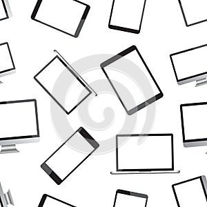 Realistic smartphone, tablet, laptop and desktop computer monitor device seamless pattern background. Business flat vector