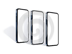 Realistic smartphones with shadows in row in perspective view. Blue mobile phone mockup set for presentation your app