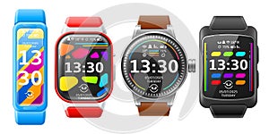 Realistic smartwatches. Electronic techno gadgets, wearable accessories, sport watches different forms, display screen