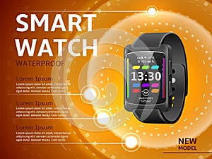 Realistic smartwatches poster. Multifunction wrist device, electronic wristband advertising banner, color touch screen,