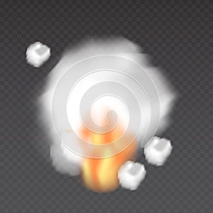 Realistic smoke bomb on transparent background. Explosion steam. Fog texture.