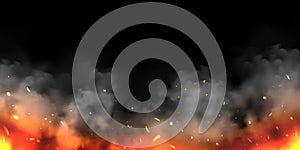 Realistic smoke clouds and fire on black background. Flame blast, explosion. Stream of smoke from burning objects