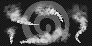 Realistic smoke clouds. Stream of smoke from burning objects. Transparent fog effect. White steam, mist. Vector design