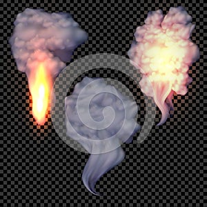 Realistic smoke and fire set vector on transparent background