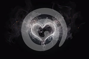 Realistic Smoke Heart on Dark Background, Steam Love Symbol, Cloud Transparent Valentine Silhouette