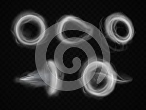 Realistic smoke rings. Circle steam ring puff effect after vape cigarette or hookah, rounded swirls vaping smoky cloud