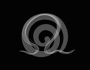 Realistic smoke shape with omega alphabet spreading on dark background photo