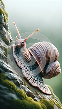 Realistic Snail on a Moss-Covered Rock