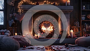 A realistic snapshot of a cozy fireplace with crackling flames