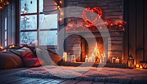 A realistic snapshot of a cozy fireplace with crackling flames