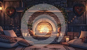 A realistic snapshot of a cozy fireplace with crackling flames