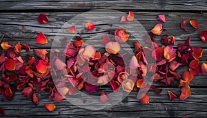 A rose petals scattered on a wooden surface,