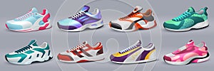 Realistic sneakers. Various shoes for training and sport recreation, different colorful footwear. Vector fashion sport