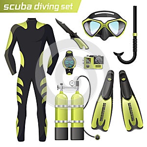 Realistic snorkeling and scuba diving equipment. Scuba-diving gear isolated. Diver wetsuit, scuba mask, snorkel, fins