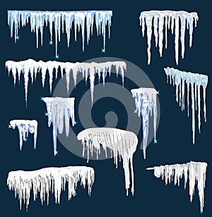 Realistic snow icicles. Icicle ice with snowcap on top. Winter snowing borders for christmas cards design. Frost neve