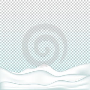 Realistic snowdrift isolated on transparent background. Snowy landscape. Vector illustration with snow hills. EPS 10.