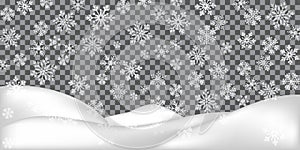Realistic snowdrift isolated on transparent background. Winter landscape. Falling snowflakes. Vector illustration with snow hills.