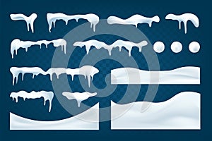 Realistic snowdrifts collection. Winter snowy abstract background. Frozen landscape with snow ice caps. Decoration for