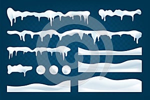 Realistic snowdrifts collection. Winter snowy abstract background. Frozen landscape with snow ice caps. Decoration for