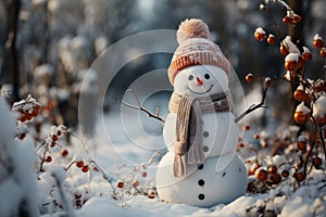 Realistic snowman in a red hat and scarf is smiling while standing in the snow near the fir trees. Christmas holidays. Generative