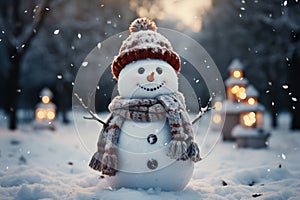 Realistic snowman in a red hat and scarf is smiling while standing in the snow near the fir trees. Christmas holidays. Generative