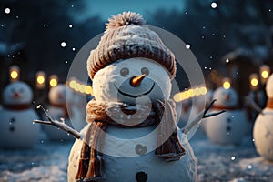 Realistic snowman in a red hat and scarf is smiling while standing in the snow near the fir trees. Christmas holidays. Generative