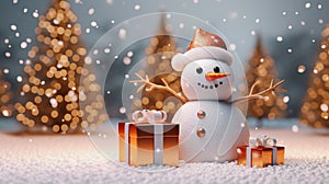Realistic snowman smiling standing in snow near spruce trees, christmas balls and gifts. Cute new year, christmas holiday