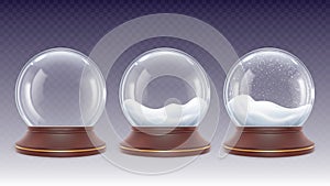 Realistic snowy glass globe. 3d snow globes, winter snowfall in crystal bubble. Christmas new year decorative toy. Xmas