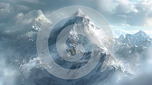 Realistic snowy mountain peak in harsh winter weather with swirling clouds and icy details